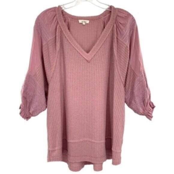 In Loom Tops - In Loom Waffle Knit Top Mauve Embroidered Puff Sleeve